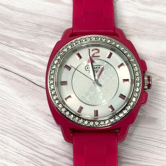 Coach Women's Boyfriend Watch Pink Silicone Strap With Crystal Bezel & Logo - Picture 1 of 8